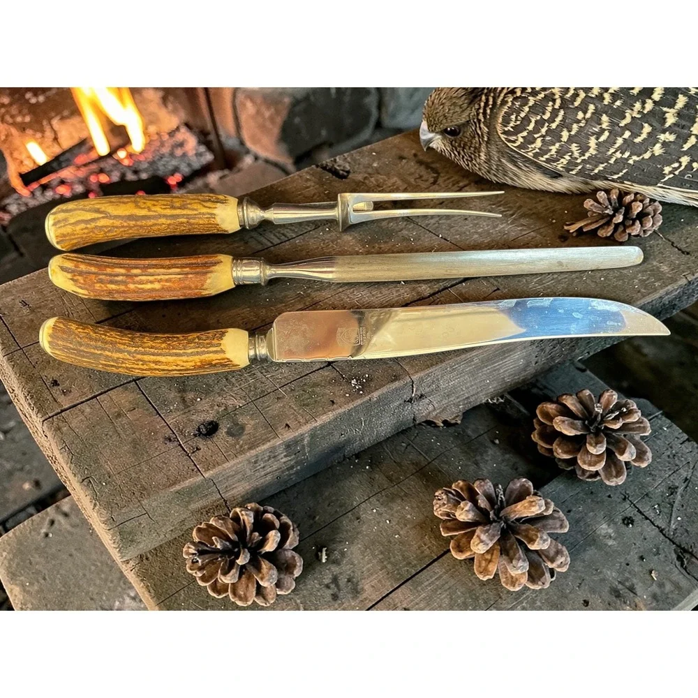 Kirk & Matz Sheffield England Stag Horn 3pc Carving Set Forged Stainless Steel